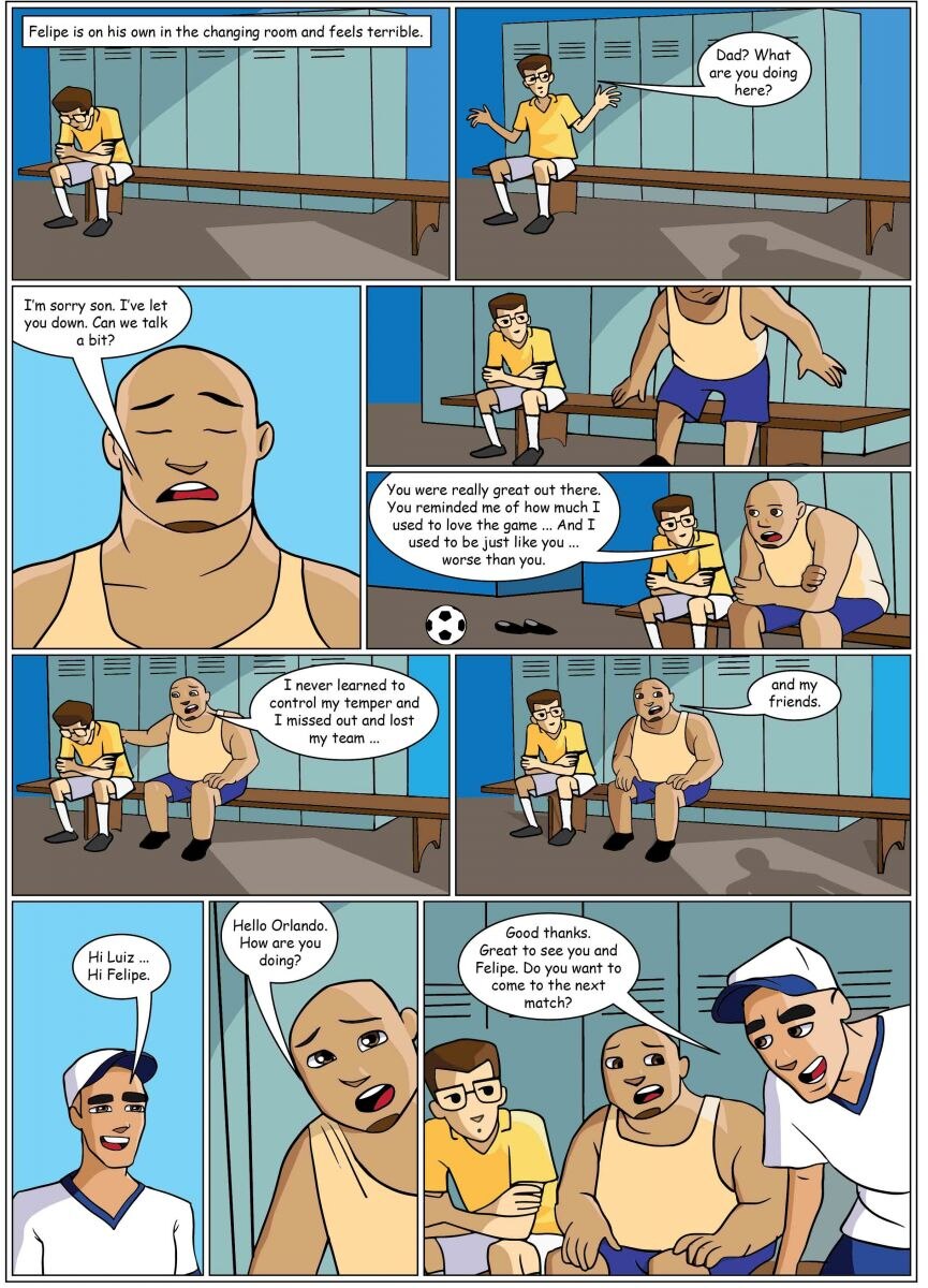 Page 7: Felipe and his dad talk things over.