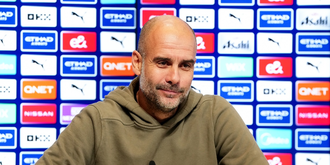 Pep Guardiola, manager of Manchester City speaks during a press conference at Manchester City