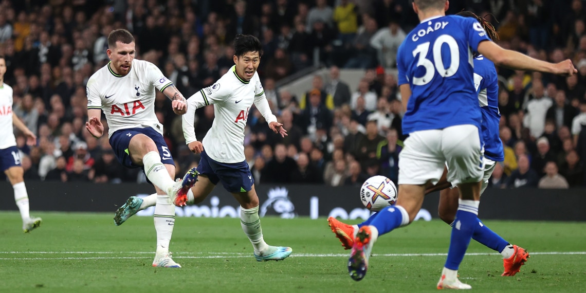 Pierre-Emile Hojbjerg scores Tottenham Hotspur's second goal during the match against Everton FC