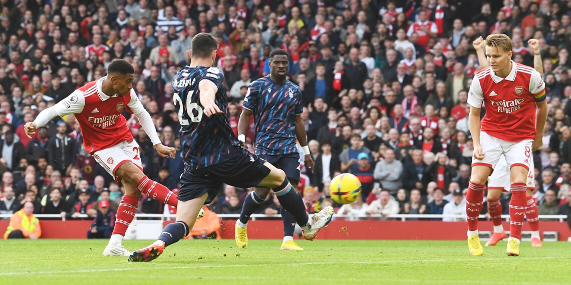 Reiss Nelson scores Arsenal's 2nd goal during the Premier League match between Arsenal FC and Nottingham Forest