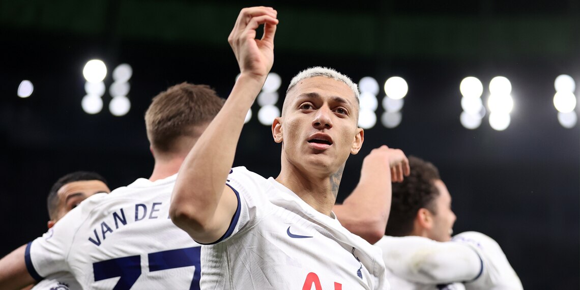 Richarlison celebrates Tottenham Hotspur's second goal scored by team mate Brennan Johnson