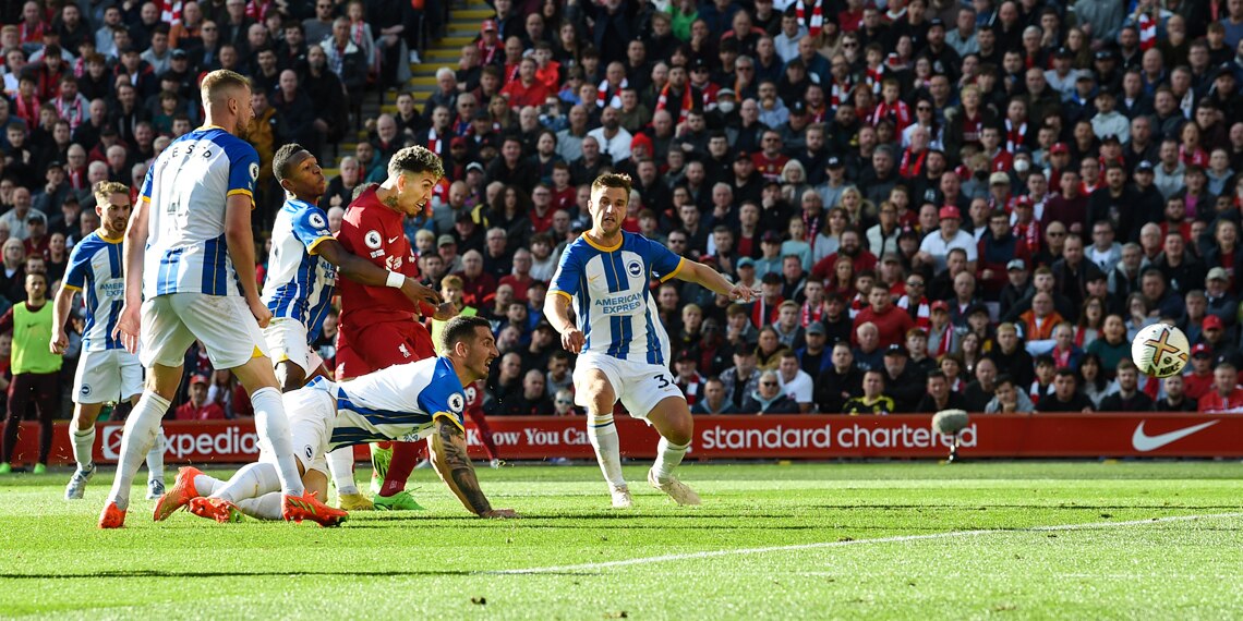 Roberto Firmino scores the second goal making the score 2-2 against Brighton & Hove Albion