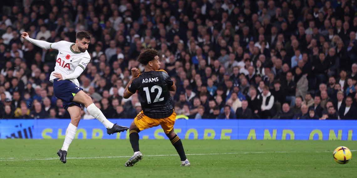 Rodrigo Bentancur scores Tottenham Hotspur's third goal during the match between Tottenham Hotspur and Leeds United