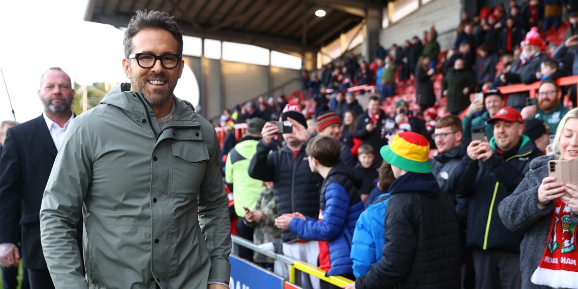 Ryan Reynolds pitchside ahead of the FA Cup Fourth Round match between Wrexham and Sheffield United