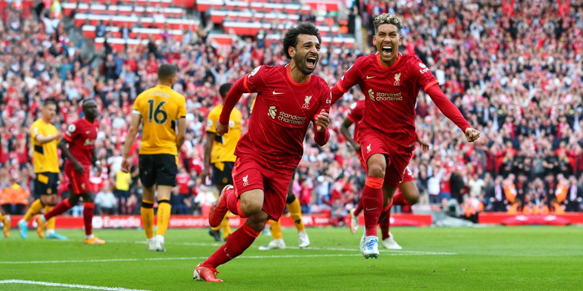 Mohamed Salah celebrates after scoring Liverpool's second goal during the match between Liverpool and Wolverhampton Wanderers