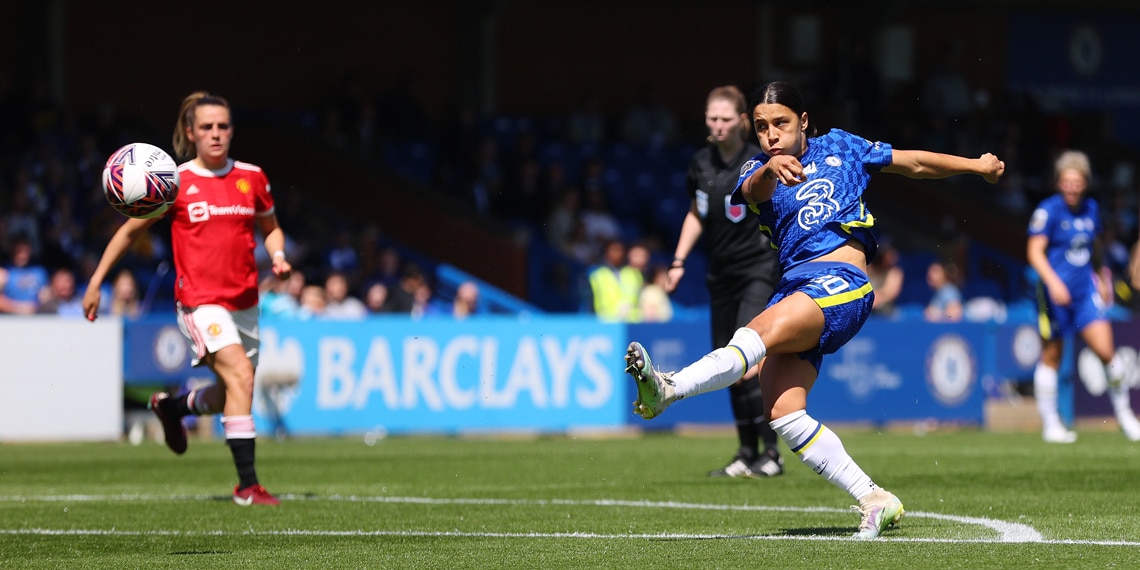 Sam Kerr scores Chelsea's second goal during the Women's Super League match between Chelsea Women and Manchester United Women