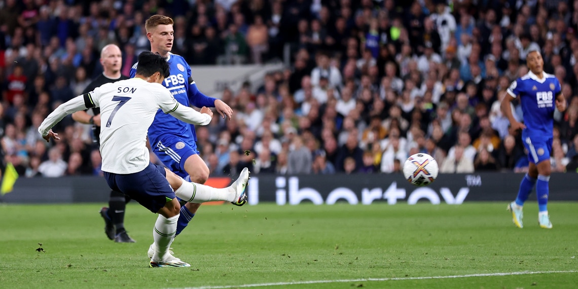 Son Heung-Min scores Tottenham Hotspur's fifth goal during the match against Leicester City