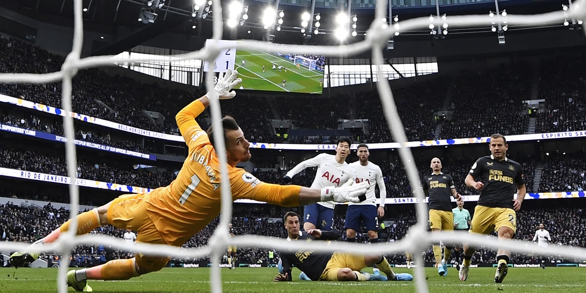 Son Heung-Min watches his shot beat Newcastle United's goalkeeper