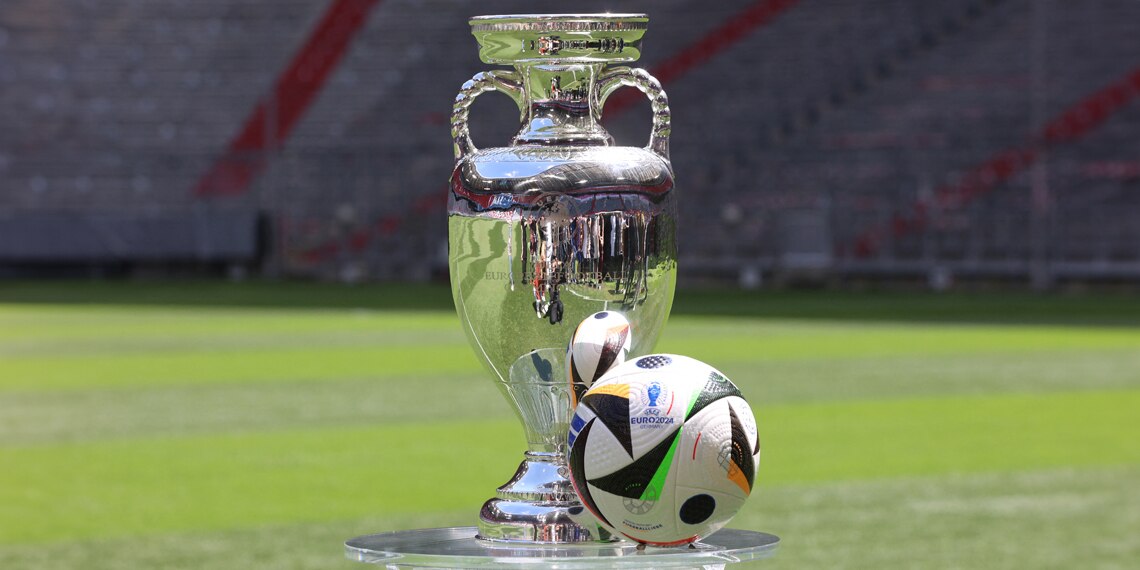 The trophy for the UEFA Euro 2024 European Football Championship in display inside the Allianz Arena