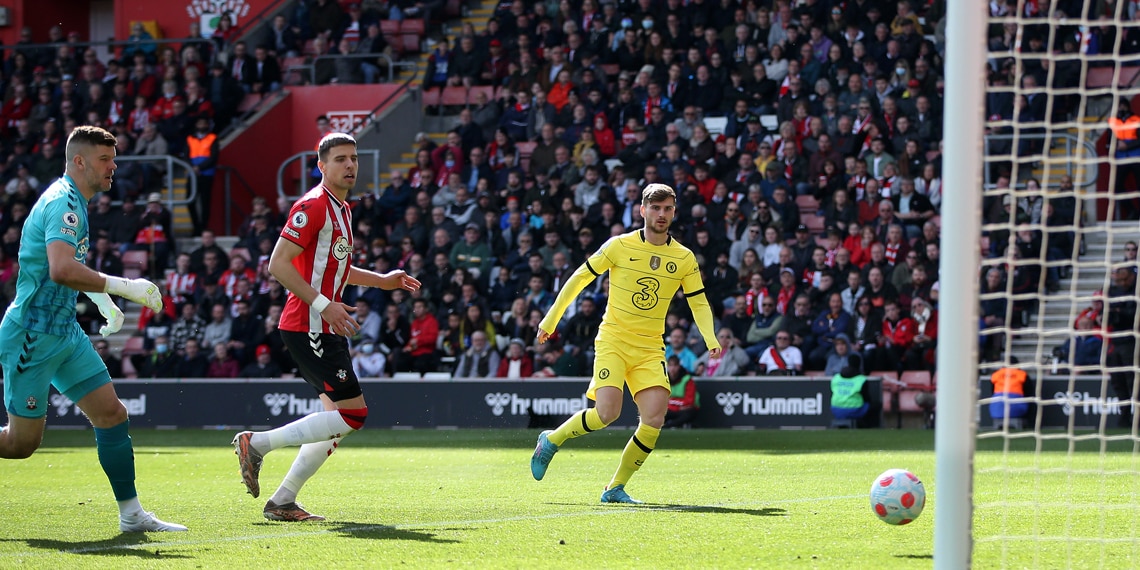 Timo Werner of Chelsea scores their side's fifth goal during the Premier League match between Southampton and Chelsea