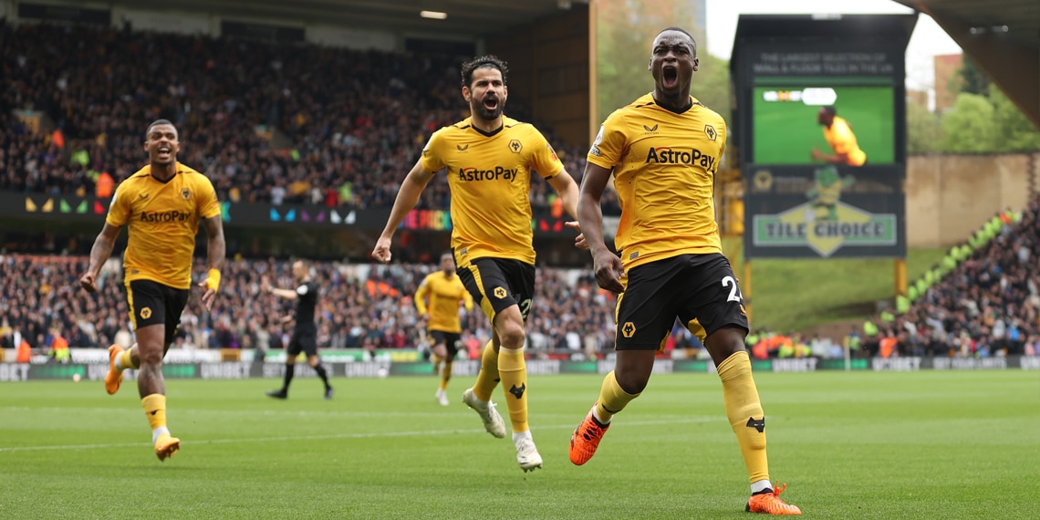 Toti Gomes celebrates after scoring Wolverhampton Wanderers' first goal during the match between Wolverhampton Wanderers and Aston Villa