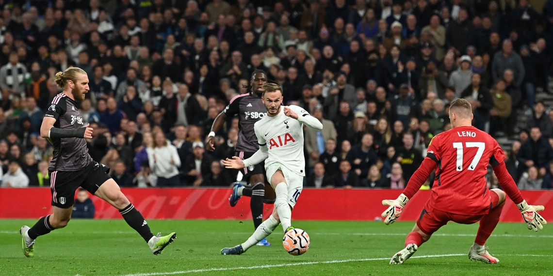 Tottenham Hotspur's James Maddison shoots past Fulham's goalkeeper to score their second goal