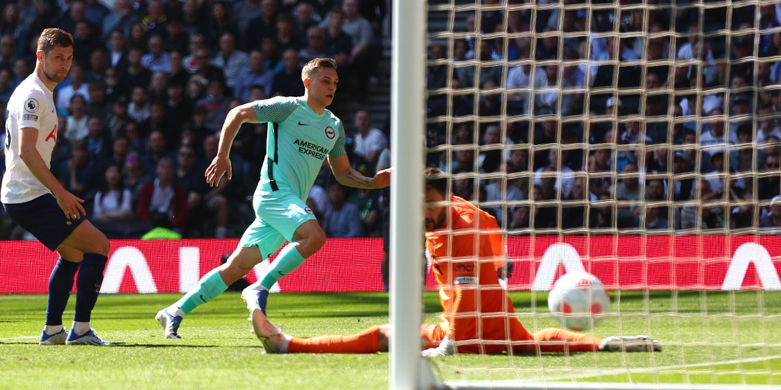 Leandro Trossard of Brighton scores during the match against Tottenham Hotspur