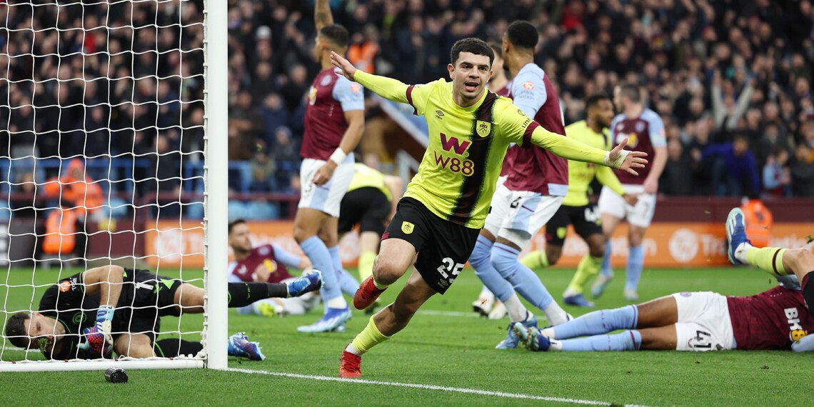 Zeki Amdouni celebrates scoring Burnley's first goal during the match against Aston Villa