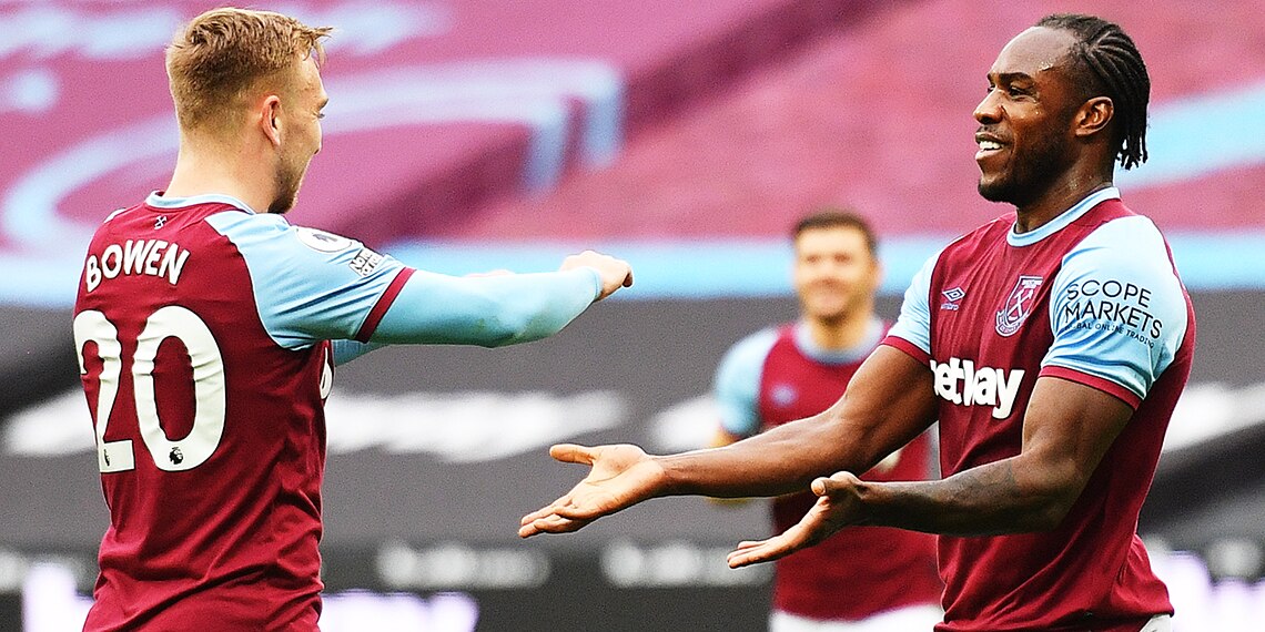 Michail Antonio and Jarrod Bowen celebrate a goal for West Ham.