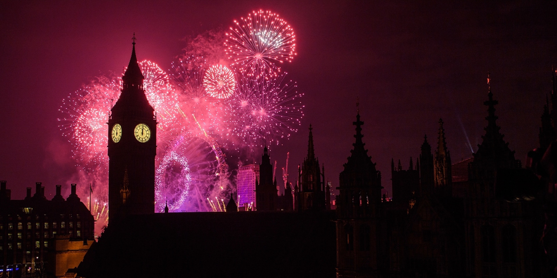 The Houses of Parliament at midnight on New Year's eve.