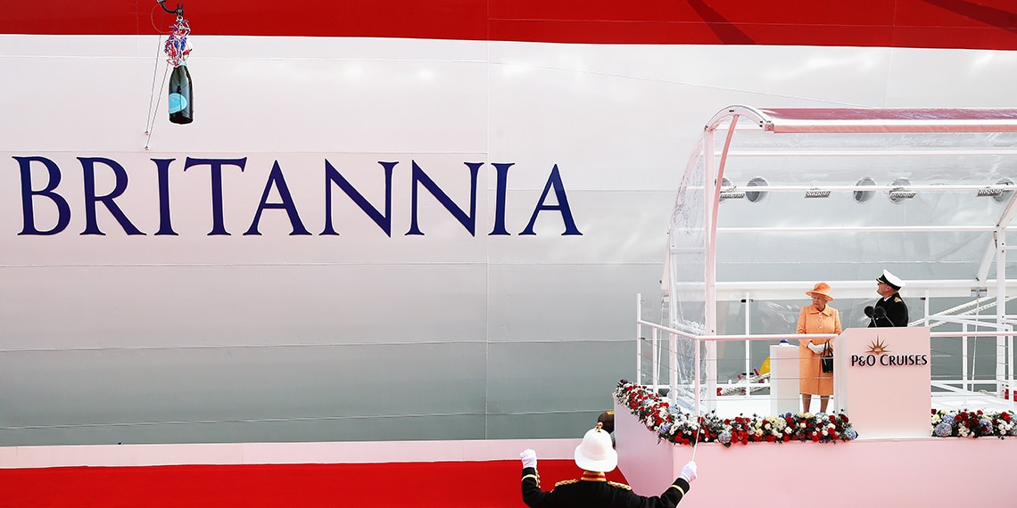 The Britannia cruise ship being inaugurated by the Queen.