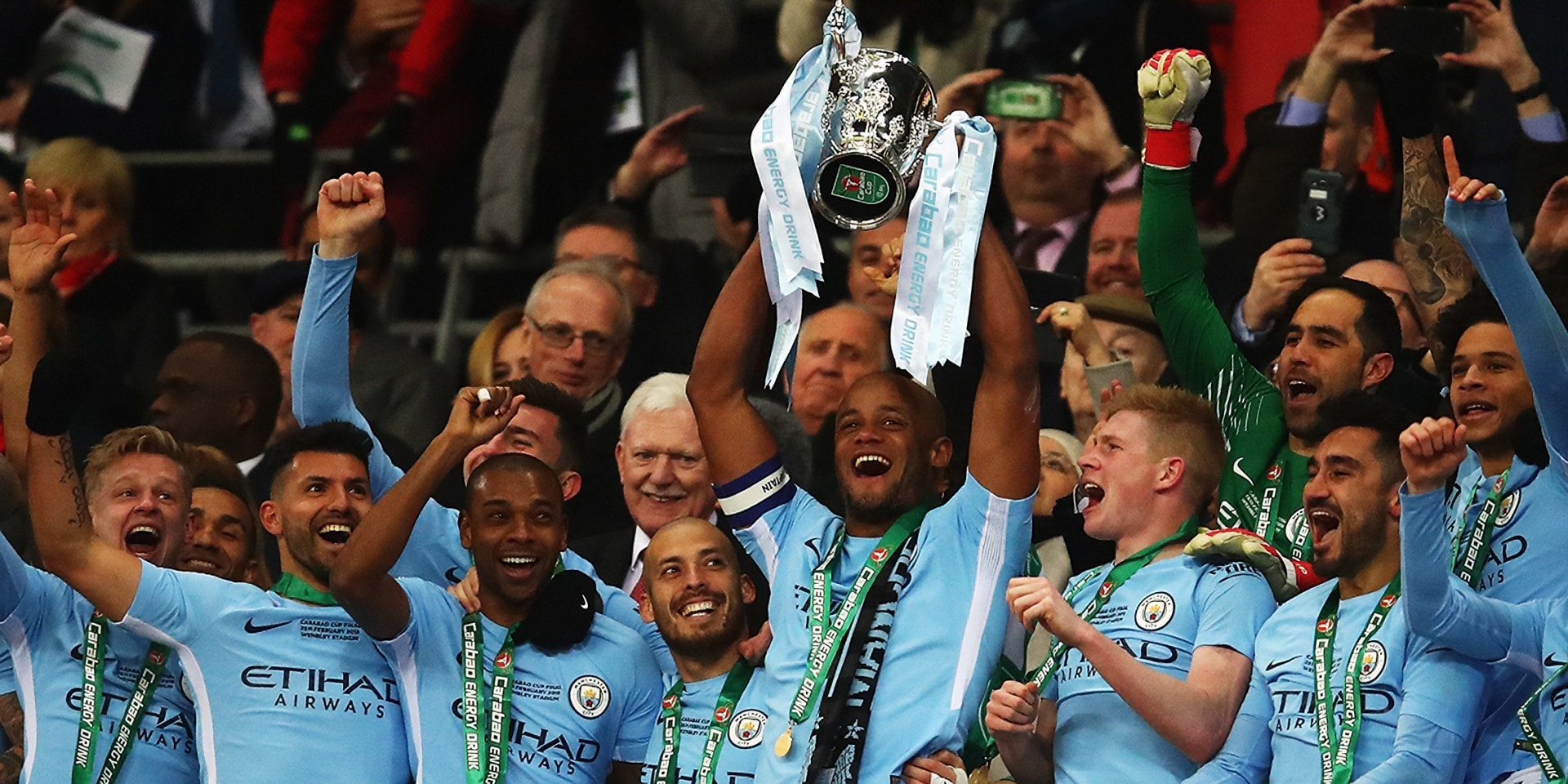 Manchester City lifting the League Cup.