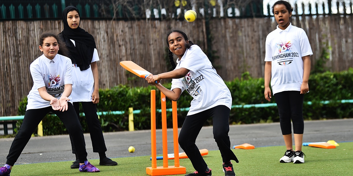 Children playing cricket at a Primary School in Birmingham.