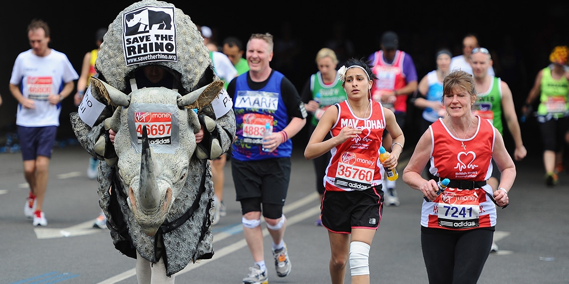 The London Marathon attracts all kinds of runners and many of them wear fancy dress and collect money for different charities.