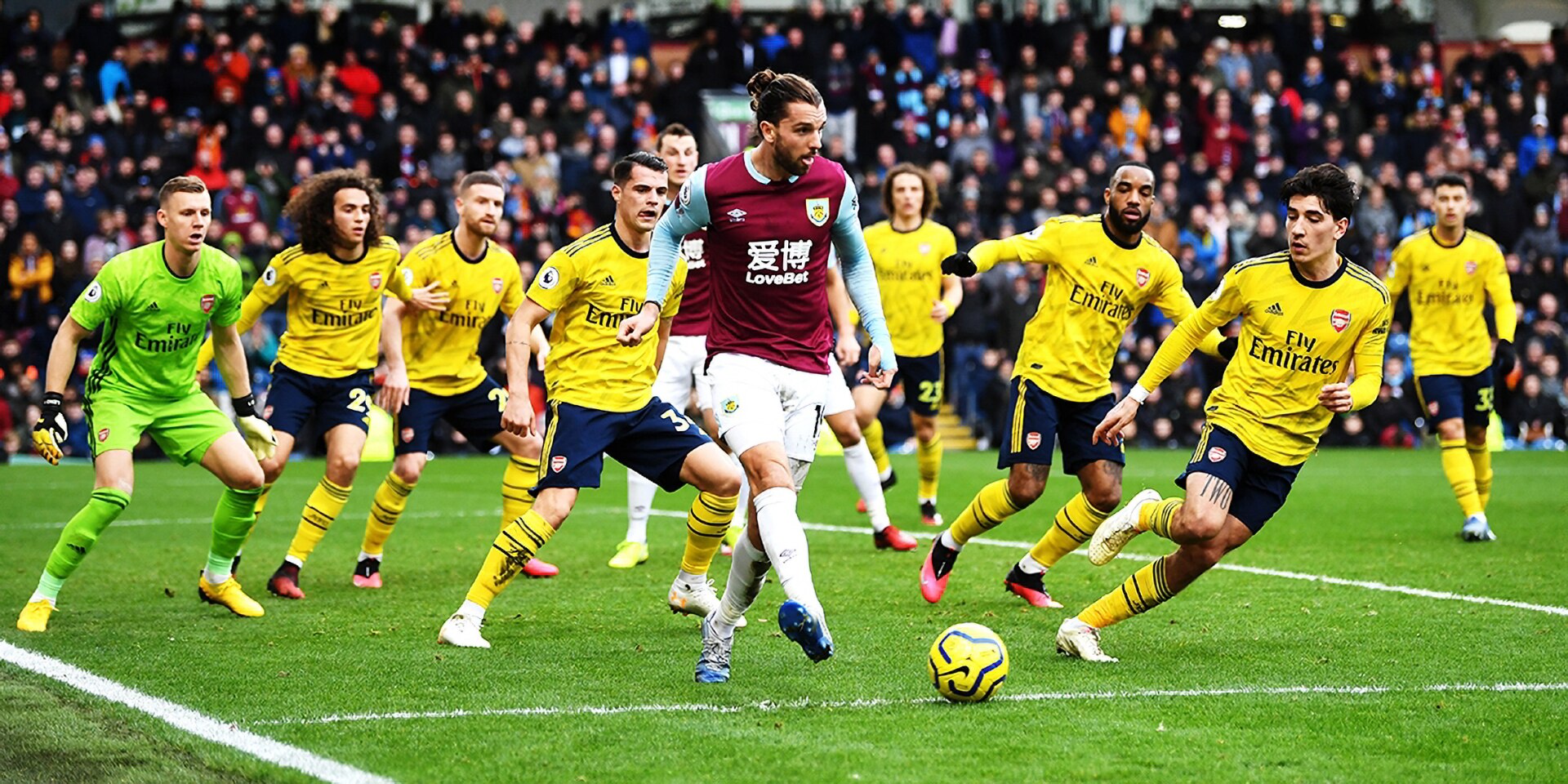 Burnley's Jay Rodriguez looks to set up a chance against Arsenal.