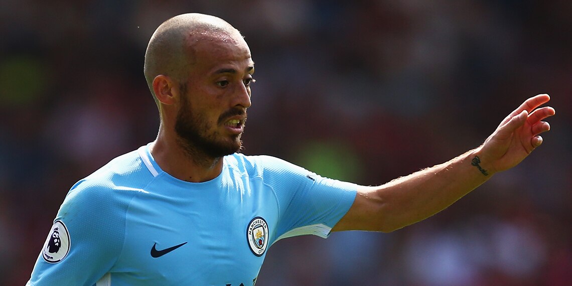 Manchester City's David Silva with a shaved head in 2017/18.