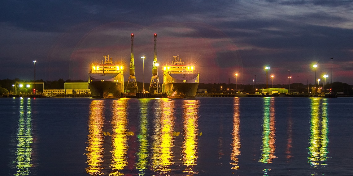 Southampton port at night.