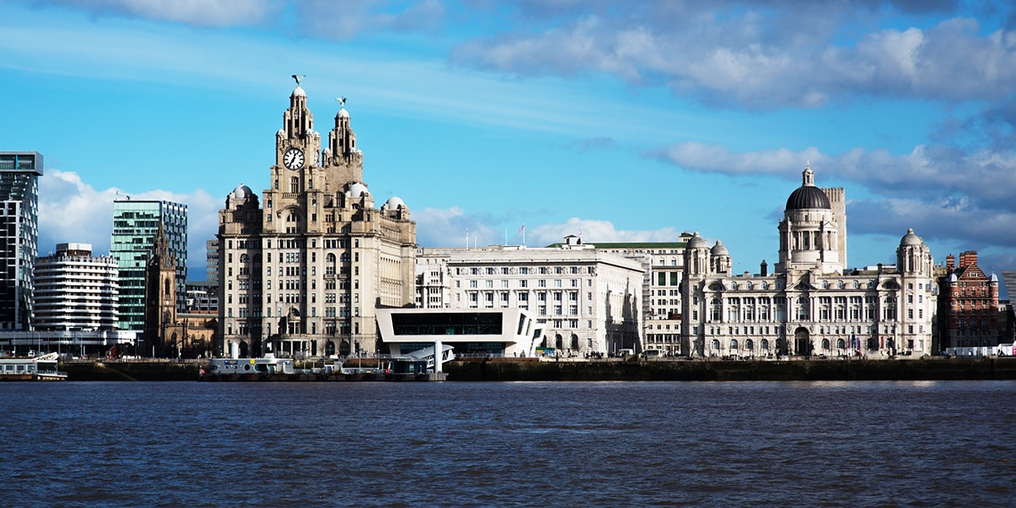 The Mersey River with the Liver Building and the city centre in the background.